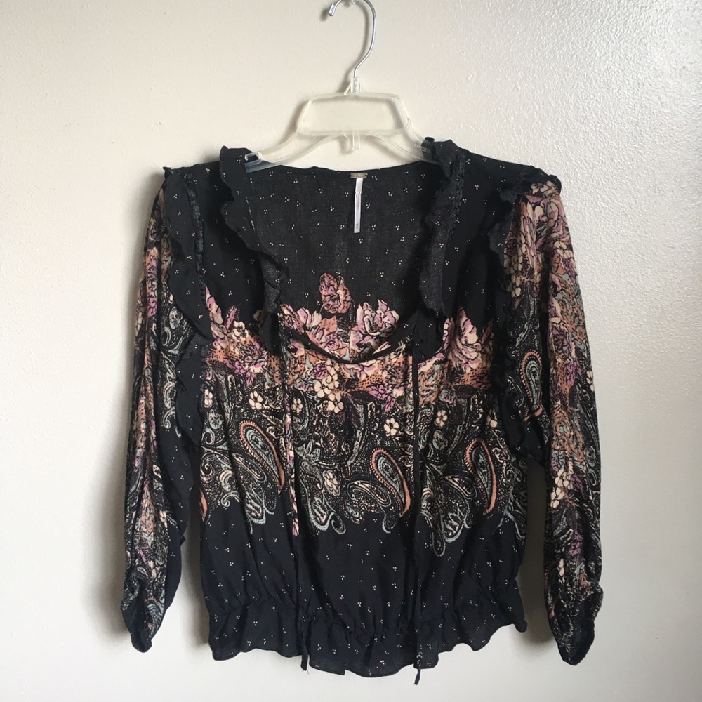 Free People Black Floral Long Sleeve Crop